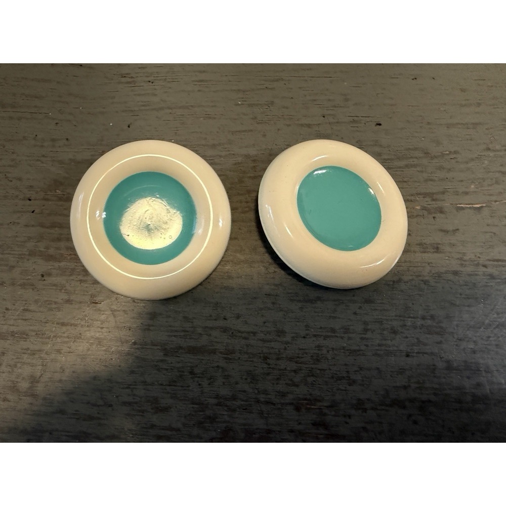 Vintage White Teal Enamel Clip On Earrings Round Dome Retro Statement 80s
